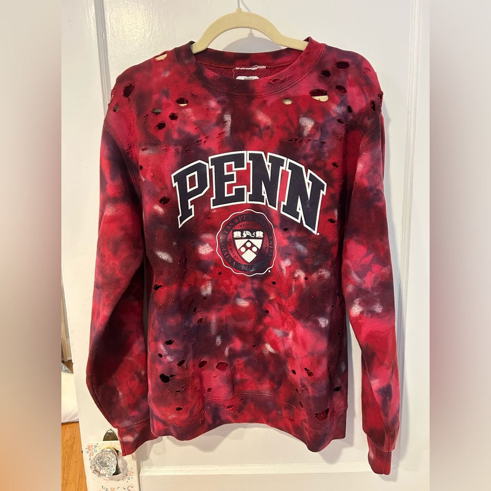 red distressed tie dye University of Pennsylvania sweatshirt